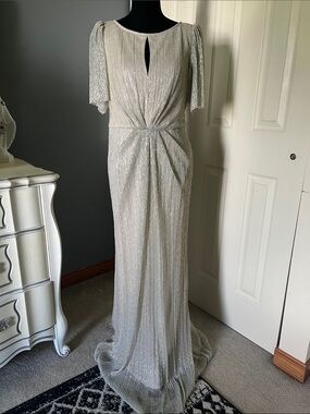 Adrianna Papell Silver Metallic Pleated Maxi Dress